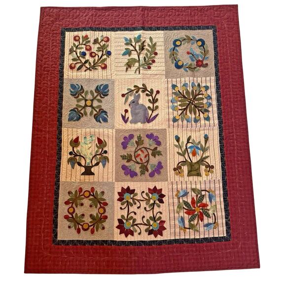 MUSEUM QUALITY Vintage Tulip Medallion Applique Antique Quilt Tapestry 57x45 - Picture 1 of 16